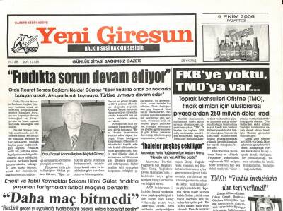 Yeni Giresun Gazetesi 9 Ekim 2006 - Güner Hükümet Ülkeyi Yoksulluğa Mahkum Etti GZ107916 - 1