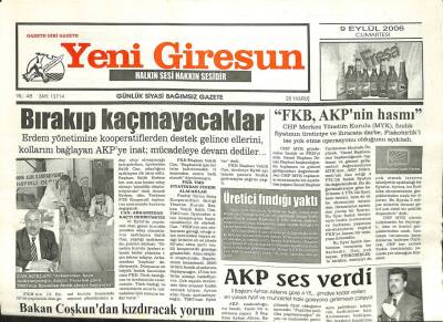 Yeni Giresun Gazetesi 9 Eylül 2006 - AKP Ses Verdi GZ101857 - 2