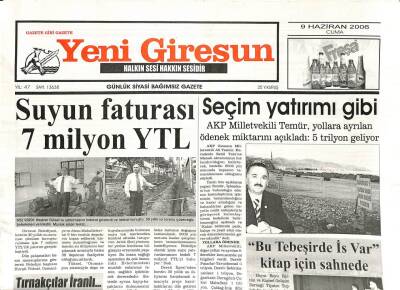 Yeni Giresun Gazetesi 9 Haziran 2006 - Suyun Faturası 7 Milyon Ytl GZ108619 - 1