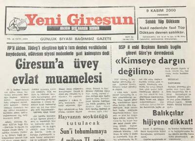 Yeni Giresun Gazetesi 9 Kasım 2000 Giresuna Üvey Evlat Muamelesi GZ30366 - 1