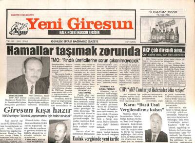 Yeni Giresun Gazetesi 9 Kasım 2006 - TMO Fındık Üreticilerine Sorun Çıkarılmayacak GZ107941 - 1