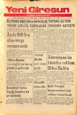 Yeni Giresun Gazetesi 9 Mart 1974 - Tankut Akalın Şehrimize Geldi GZ108519 - 1