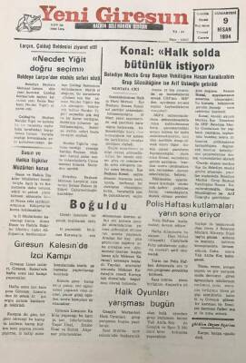 Yeni Giresun Gazetesi 9 Nisan 1994 Belediye Başkanı Mehmet Larçın Çaldağ Beldesini Ziyaret Etti GZ25953 - 1