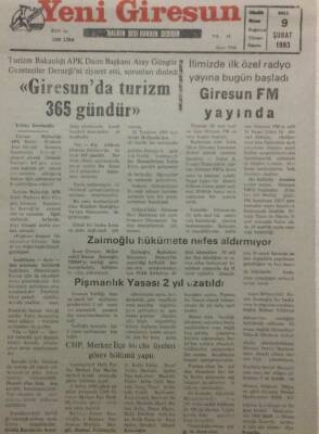 Yeni Giresun Gazetesi 9 Şubat 1993 - Giresunda Turizm 365 Gündür GZ34622 - 1