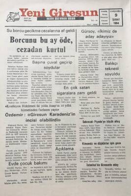 Yeni Giresun Gazetesi 9 Şubat 1994 En Çok Satan Sigaralara Zam Geldi GZ30214 - 1