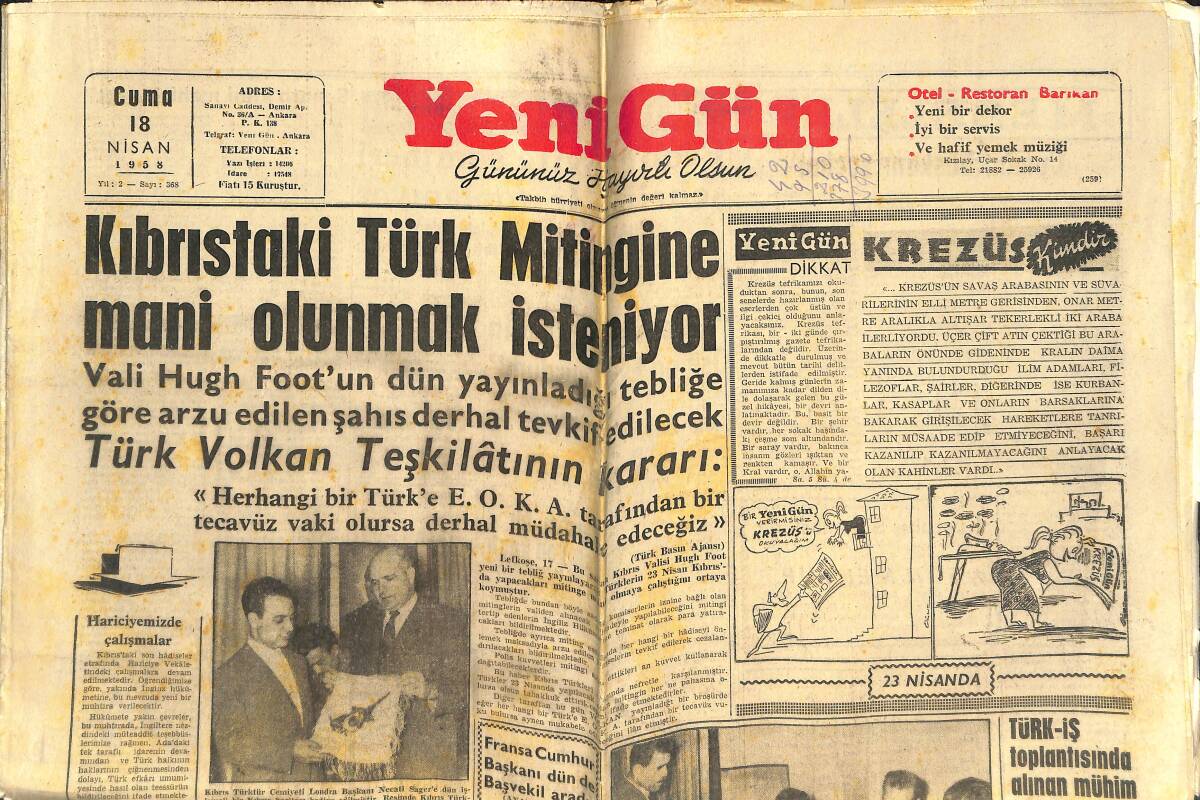Yeni Gün Gazetesi 18 Nisan 1958 - Kıbrıs'taki Türk Mitingine Engel Olunmak İsteniyor - Avrupa Birliği Hareketi Türk Konseyi Toplandı GZ141851 - 1