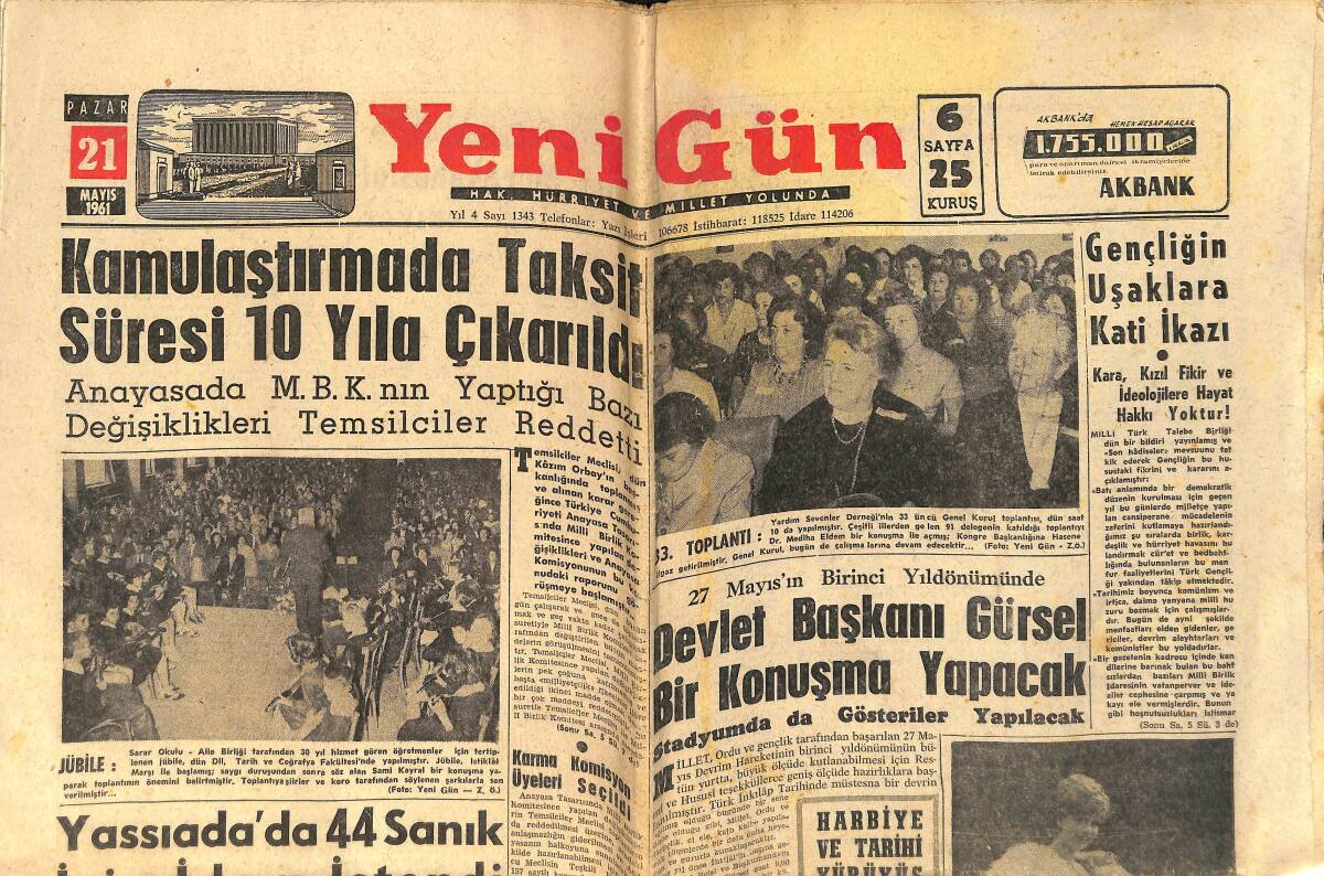 Yeni Gün Gazetesi 21 Mayıs 1961 - Yassıada'da 44 Sanık İçin İdam İstendi - Devlet Başkanı Cemal Gürsel Konuşma Yapacak GZ158922 - 1