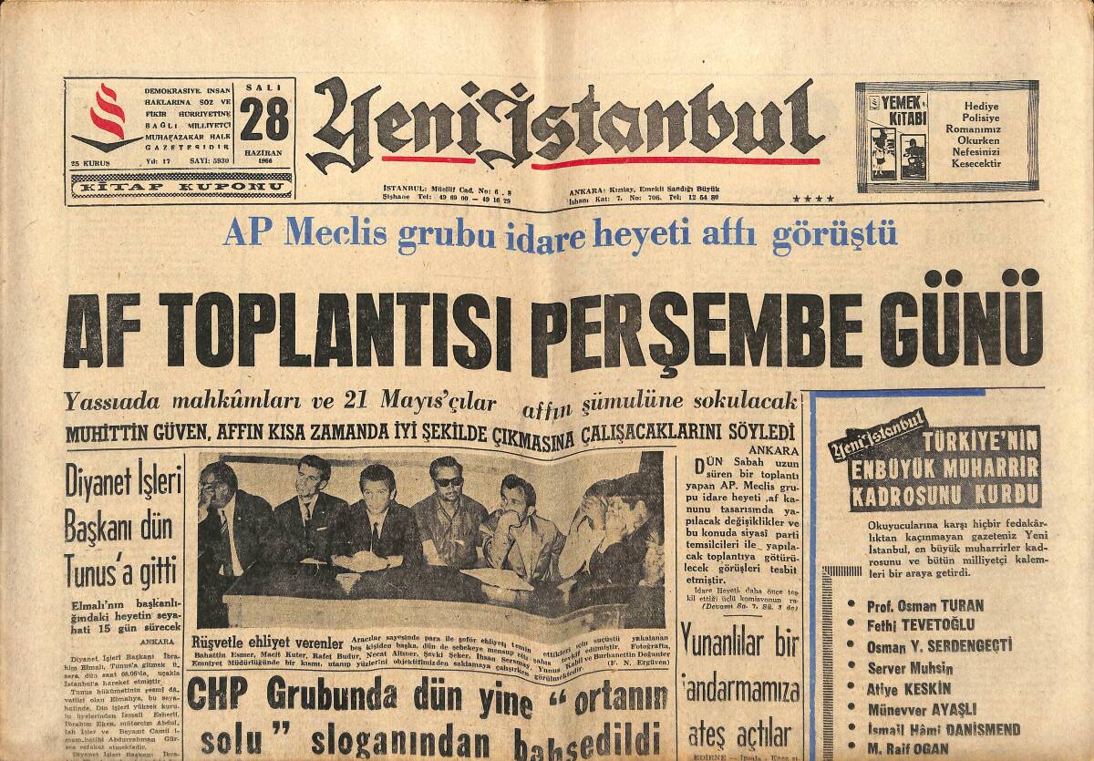 Yeni İstanbul 28 Haziran 1966 - CHP'Lİ Devlet Bakanı Omay'ın Marifetleri - Cevdet Sunay'ın Veto Ettiği 4 Kanun Tekrar Ele Alınıyor! GZ140591 - 1
