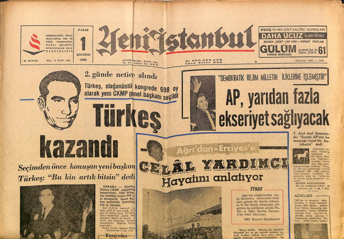 Yeni İstanbul Gazetesi 1 Ağustos 1965 - Türkeş Kazandı - İran'da Kolera Salgını - Fenerbahçeli Birol Gibi Şöhretleri Yetiştiren Takım: Acıbadem GZ152808 - 1