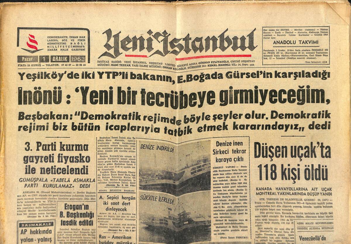 Yeni İstanbul Gazetesi 1 Aralık 1963 - Kennedy'nin Katlini Özele Bir Komisyon Tahkik Edecek - Fenerbahçe-Galatasaray GZ151149 - 1