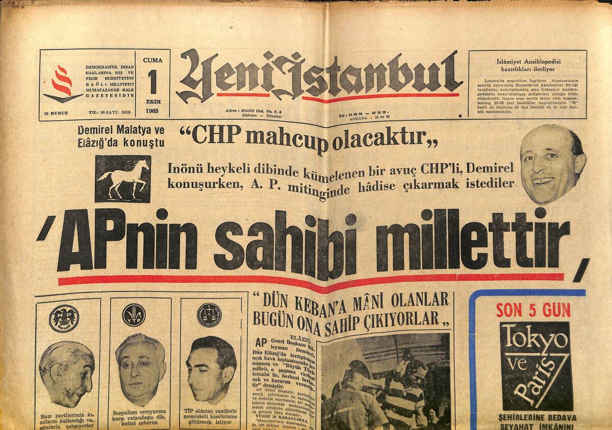 Yeni İstanbul Gazetesi 1 Ekim 1965 - Nilüfer Gürsoy Bursa'da Konuşacak - Galatasaray'da Sıkıyönetim İlan Edildi GZ152690 - 1