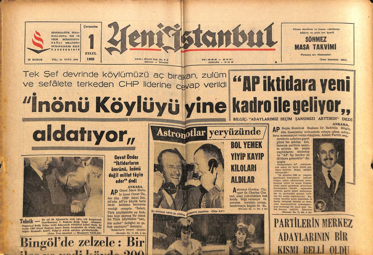 Yeni İstanbul Gazetesi 1 Eylül 1965 - Yunanistan'da Grev - Bingöl'de Zelzele GZ152759 - 1