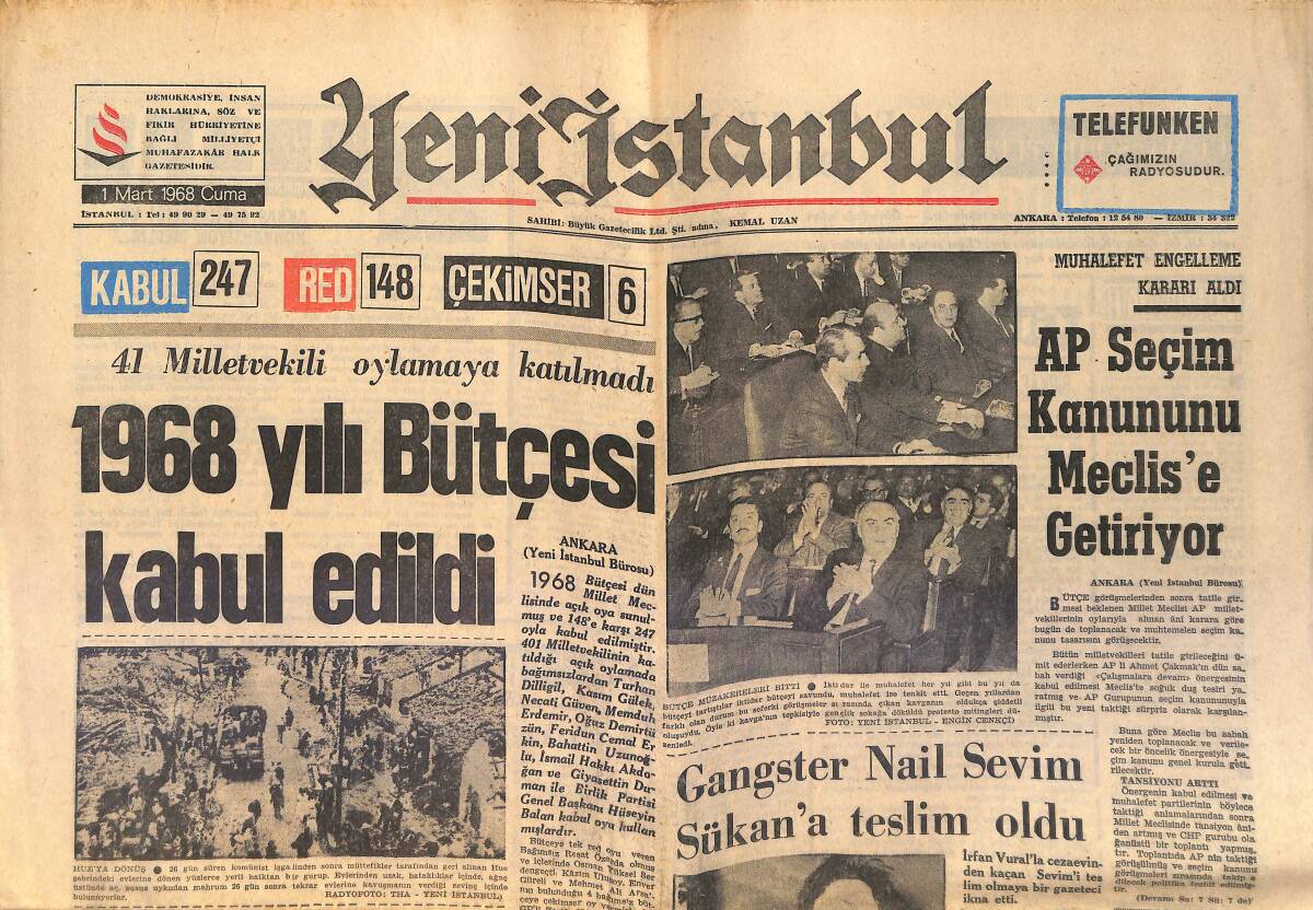 Yeni İstanbul Gazetesi 1 Mart 1968 - Fruko'nun İkramiye Otomobili Vosvos - 1968 Yılı Bütçesi Kabul Edildi GZ158732 - 1
