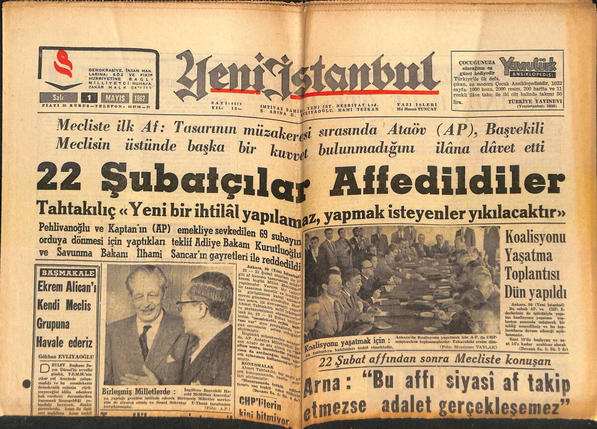 Yeni İstanbul Gazetesi 1 Mayıs 1962 - 22 Şubatçılar Affedildiler - Amerika 1967'de Ay'ı Fethedecek - Bartu Çifti İtalya'ya Gitti GZ151121 - 1