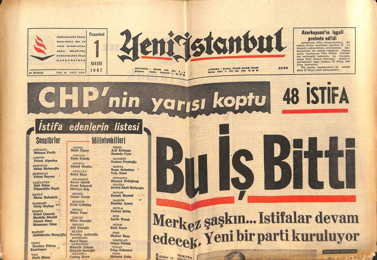 Yeni İstanbul Gazetesi 1 Mayıs 1967 - CHP'nin Yarısı Koptu - Metin Oktay, Galatasaray'a Uğurlu Geldi GZ151144 - 1