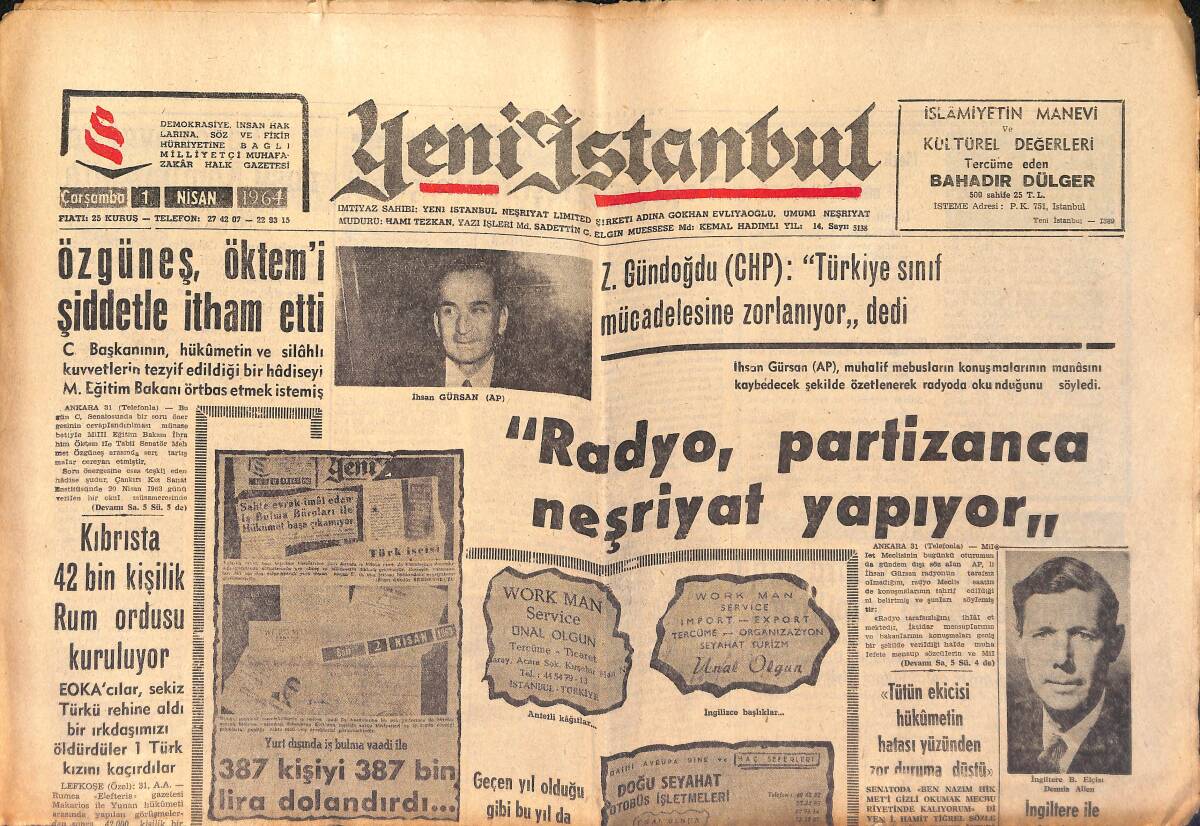 Yeni İstanbul Gazetesi 1 Nisan 1964 - Hasan Tuncay Beraet Etti - Özgüneş , Öktem'i Şiddetle İtham Etti GZ158789 - 1