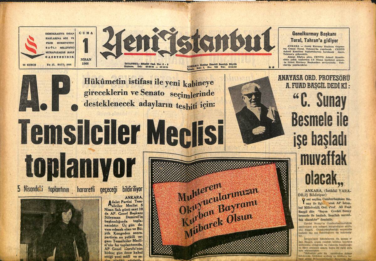 Yeni İstanbul Gazetesi 1 Nisan 1966 - Cevdet Sunay Besmele İle İşe Başladı - AP Temsilciler Meclisi Toplanıyor GZ140359 - 1