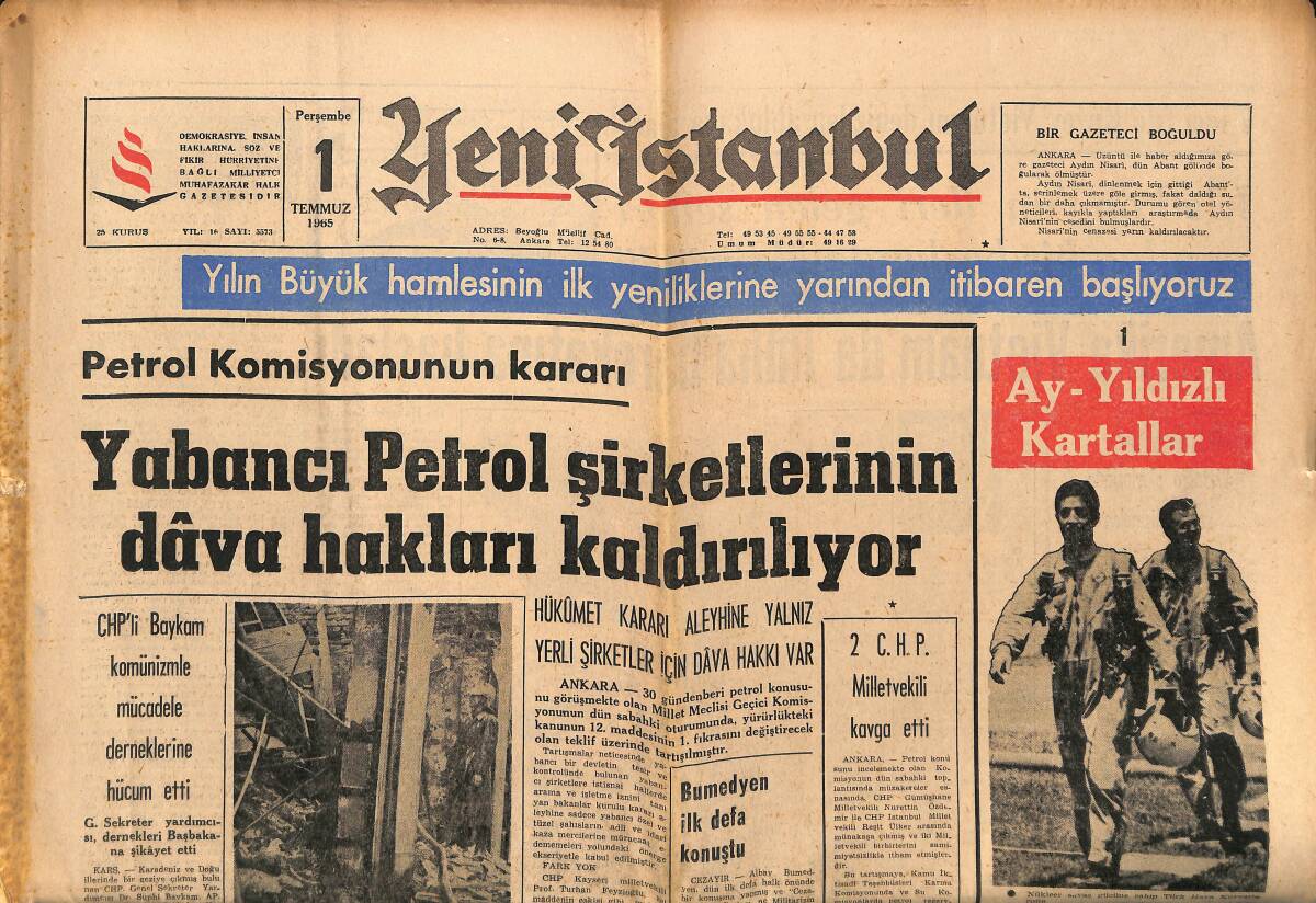Yeni İstanbul Gazetesi 1 Temmuz 1965 - Şükrü Koç , UNESCO Yönetim Kuruluna Giremedi - Petrol Komisyonunun Kararı GZ150860 - 1
