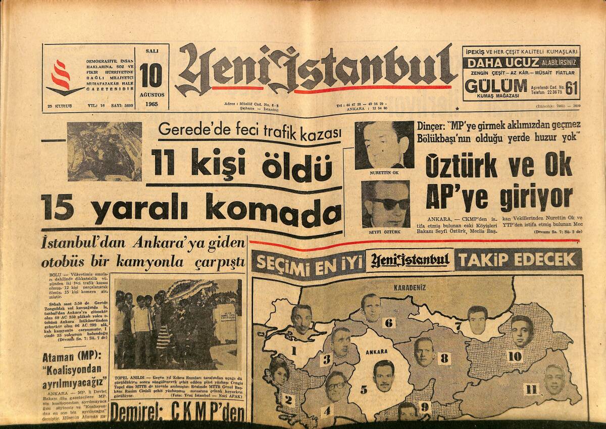 Yeni İstanbul Gazetesi 10 Ağustos 1965 - Kocaeli Reyini AP'ye Verecek - Ürgüplü Moskova'da GZ152817 - 1