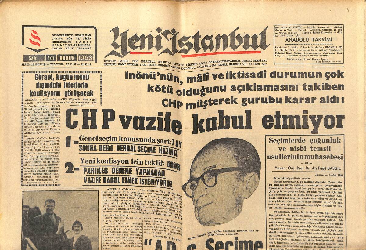 Yeni İstanbul Gazetesi 10 Aralık 1963 - CHP Vazife Kabul Etmiyor - Frank Sinatra'nın Oğlu Kaçırıldı GZ152670 - 1