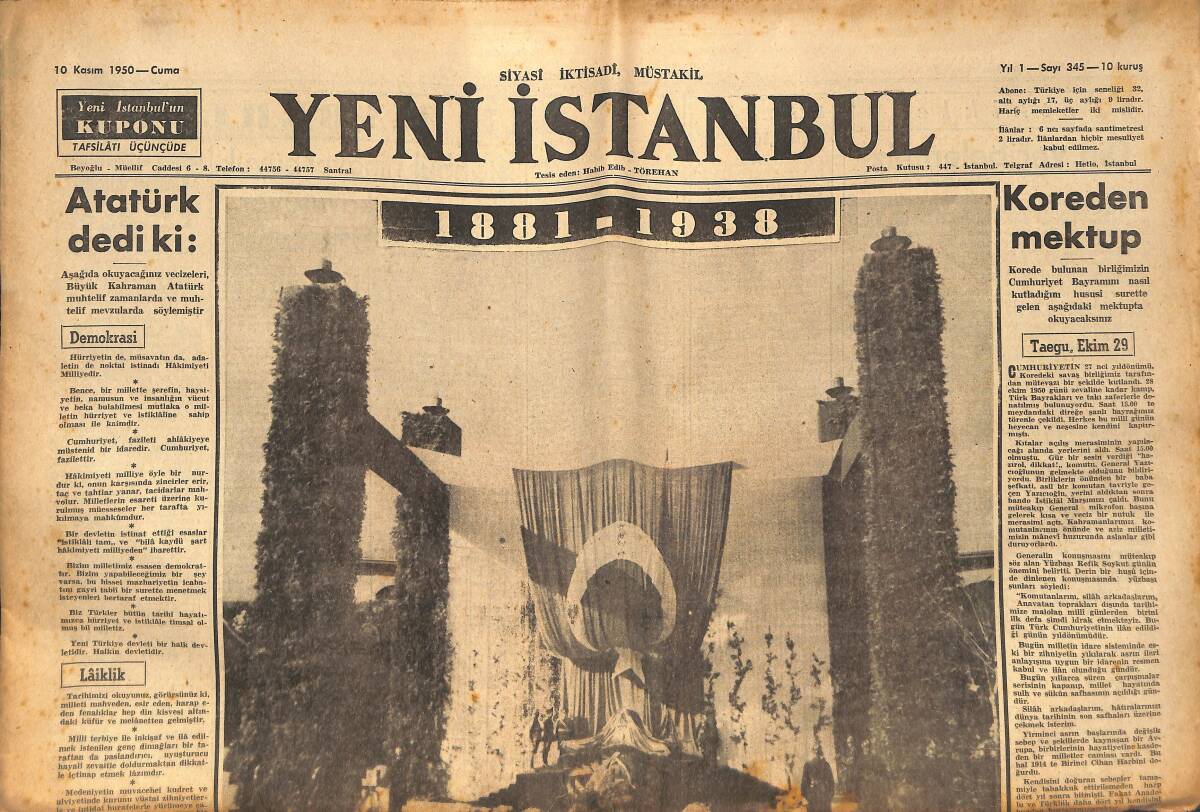 Yeni İstanbul Gazetesi 10 Kasım 1950 - Atatürk, Ölümün Öldüremediği Kahraman GZ133333 - 1