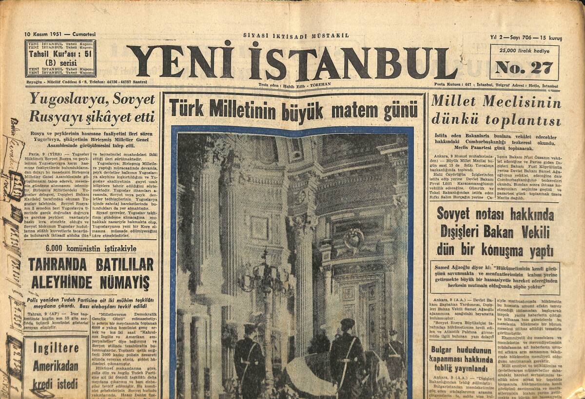 Yeni İstanbul Gazetesi 10 Kasım 1951 - Türk Milletinin Büyük Matem Günü - Yugoslavya,Sovyet Rusyayı Şikâyet Etti GZ147636 - 1