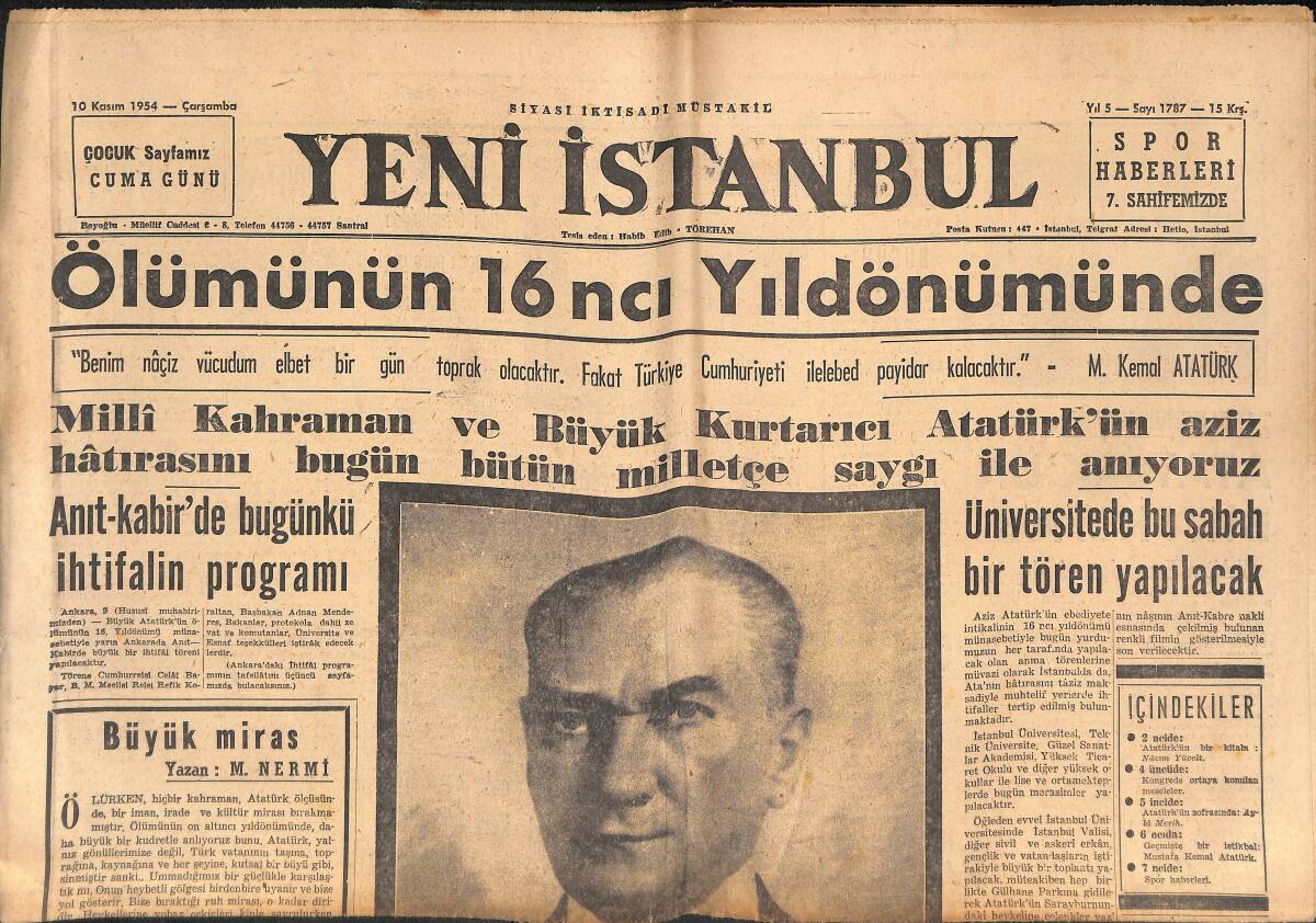 Yeni İstanbul Gazetesi 10 Kasım 1954 - Milli Kahraman Ve Büyük Kurtarıcı Atatürk'ün Aziz Hatırasını Bugün Bütün Milletçe Saygı İle Anıyoruz GZ134584 - 1