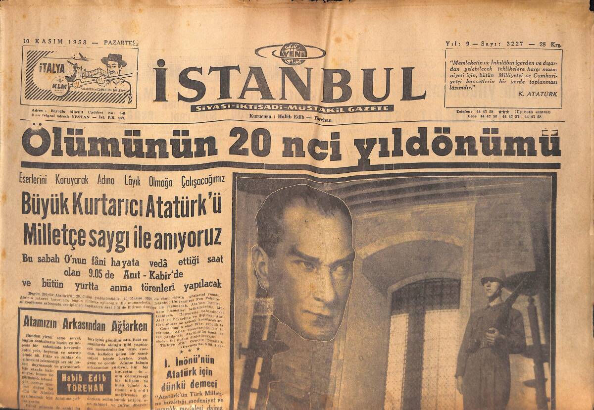 Yeni İstanbul Gazetesi 10 Kasım 1958 - Büyük Kurtarıcı Atatürk'ü Milletçe Saygı İle Anıyoruz - Fenerbahçe İzmir'de Galip - Beşiktaş İspanya'da GZ133223 - 1