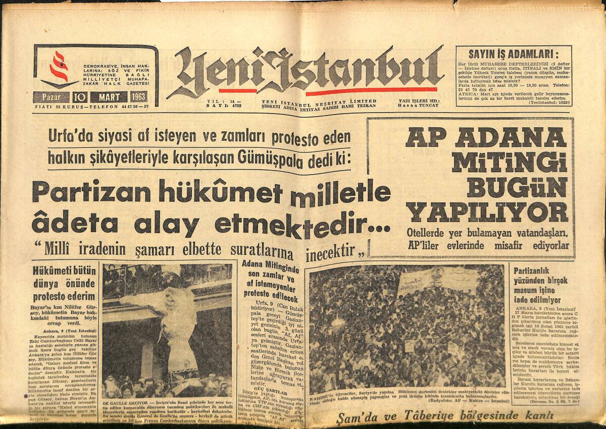 Yeni İstanbul Gazetesi 10 Mart 1963 - Suriye'de Sivil Hükümet Kuruldu - Irak'ta Üç Komünist Elebaşı İdam Edildi GZ152661 - 1