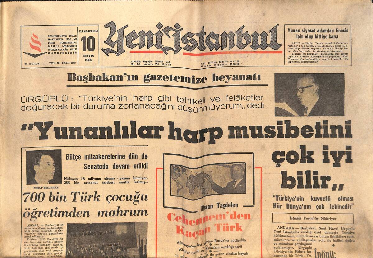 Yeni İstanbul Gazetesi 10 Mayıs 1965 - İstanbul Kanunsuz Şehir Haline Geldi! - Vefa Kongresi Dün Yapıldı - İnönü Hükümet Kudretli Durumda! GZ140535 - 1