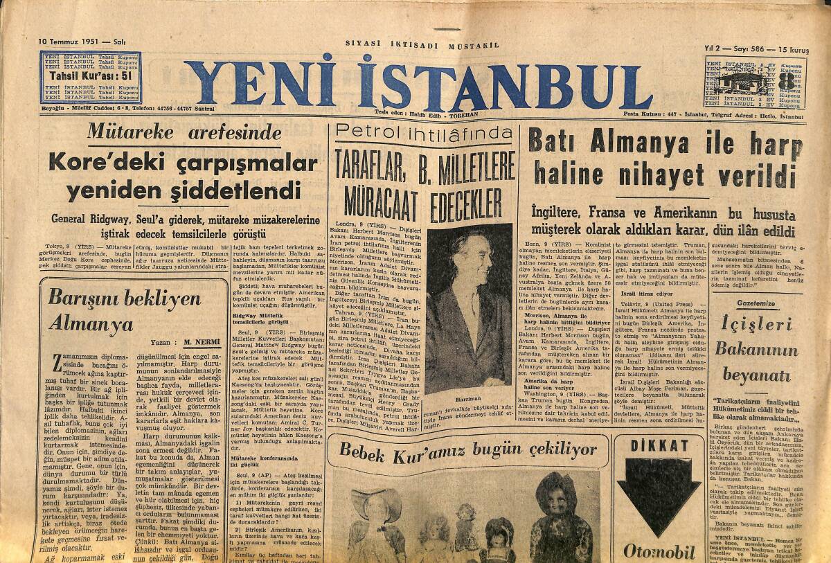 Yeni İstanbul Gazetesi 10 Temmuz 1951 - Kore'deki Çarpışmalar Yeniden Şiddetlendi - Batı Almanya İle Harp Haline Nihayet Verildi GZ152062 - 1