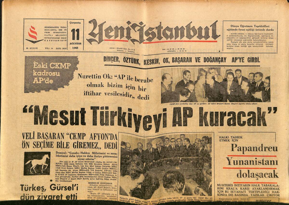 Yeni İstanbul Gazetesi 11 Ağustos 1965 - Ortanın Solu Mu Atatürk Yolu Mu - Suriye'de Mason Locaları Kapatıldı GZ152818 - 1