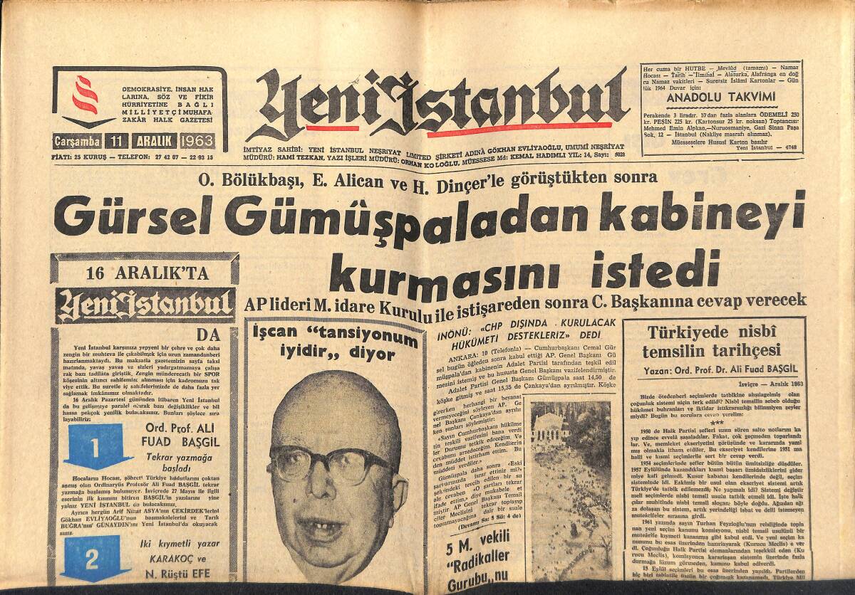 Yeni İstanbul Gazetesi 11 Aralık 1963 - Fenerbahçe Rahat Ve Emin - Oswald'ın Kennedy'nin Katili Olduğunu Delillere İstinaden Açıklandı GZ152671 - 1