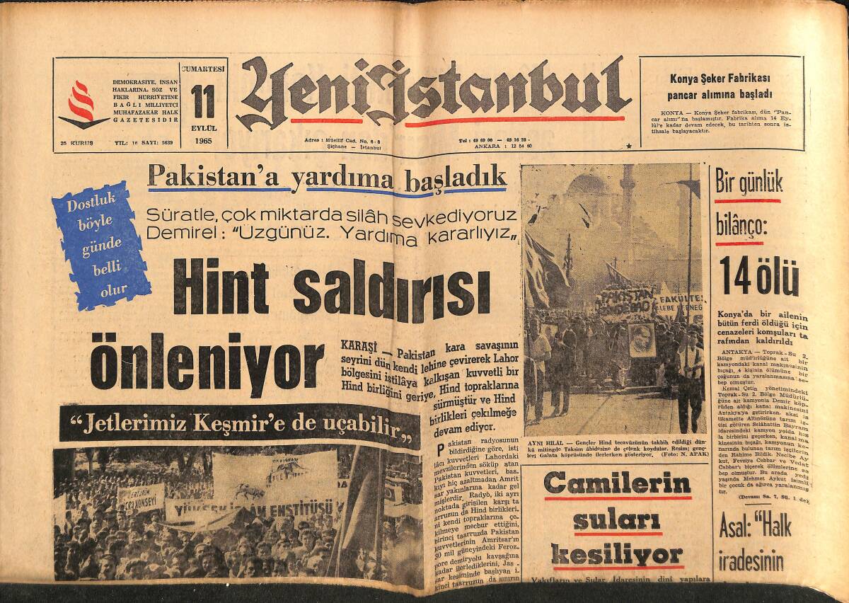 Yeni İstanbul Gazetesi 11 Eylül 1965 - Hint Saldırısı Önleniyor - Camilerin Suları Kesiliyor GZ152767 - 1