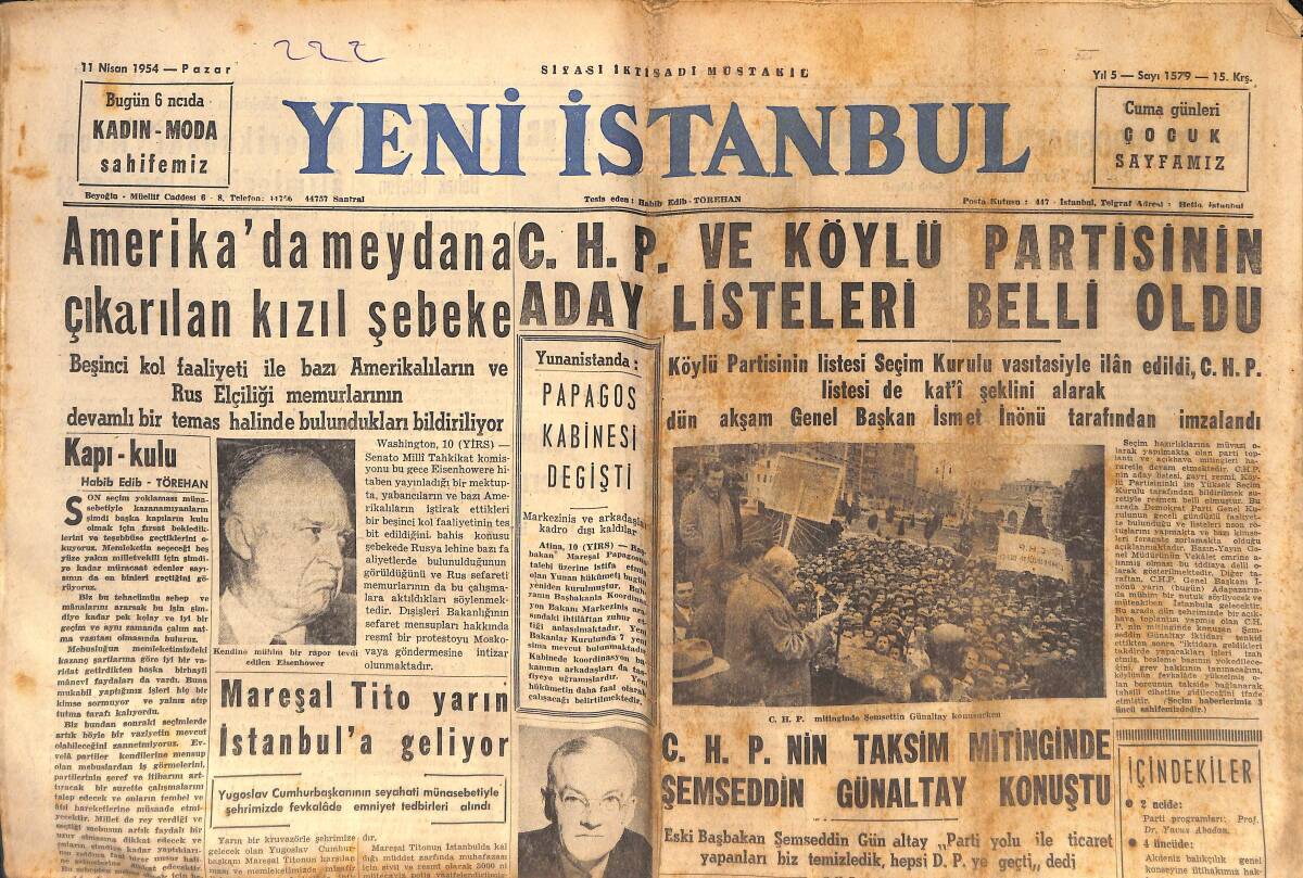 Yeni İstanbul Gazetesi 11 Nisan 1954 - Nureddin Alpkartal İstifa Etti - Foster Dulles Avrupa'ya Hareket Etti GZ133229 - 1