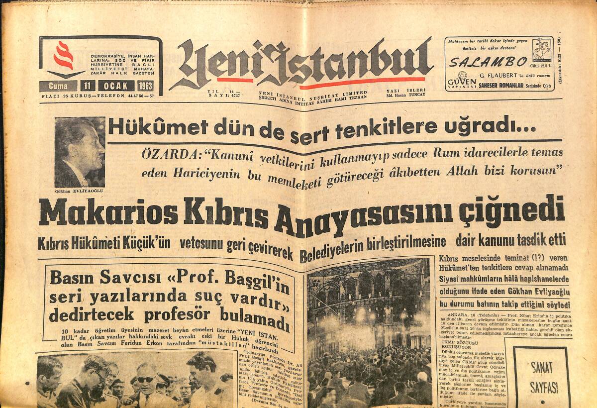 Yeni İstanbul Gazetesi 11 Ocak 1963 - Makarios Kıbrıs Anayasasını Çiğnedi - Masal Çocuğu Pele - Tıp Öğrencileri Dersi Boykot Etti GZ140295 - 1