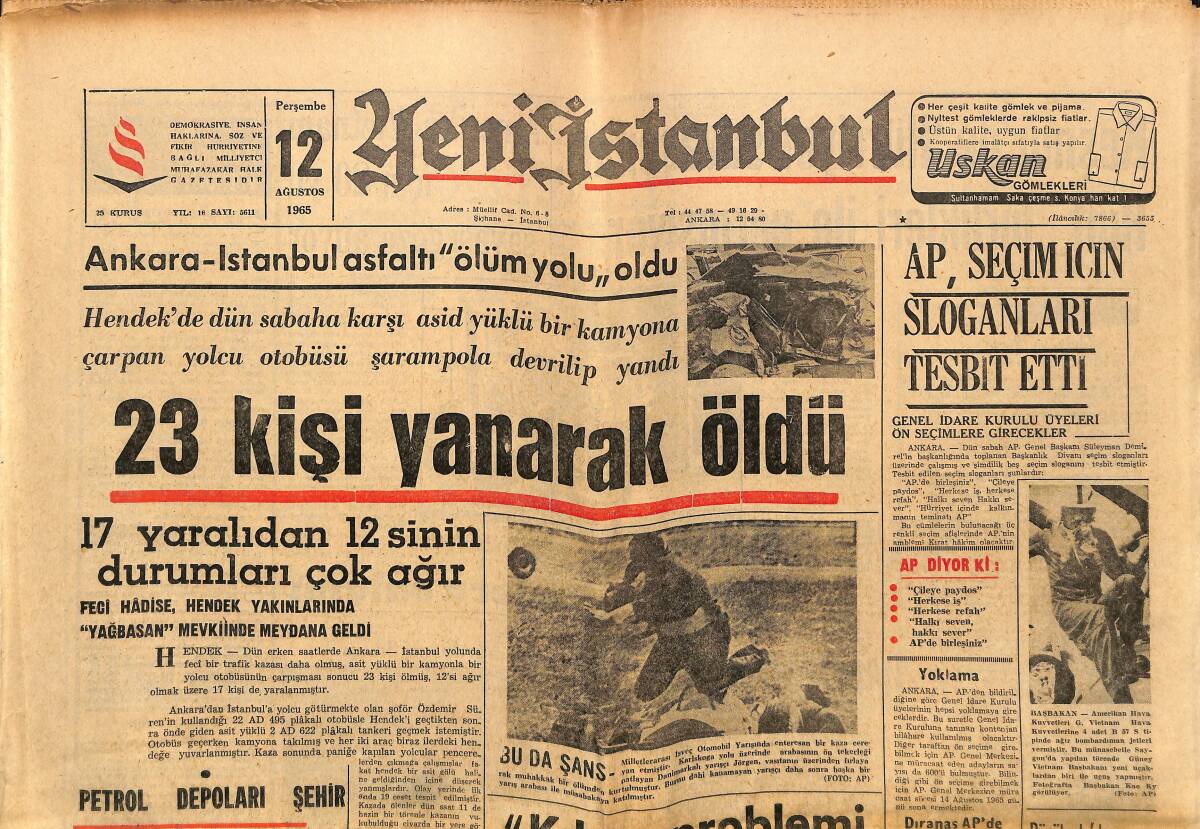 Yeni İstanbul Gazetesi 12 Ağustos 1965 - Türkiye İle Mısır Tekrar Diplomatik İlişkiler Kuruyor - Celal Bayar'ın Kızı Gürsoy AP Bursa Adayı GZ152819 - 1