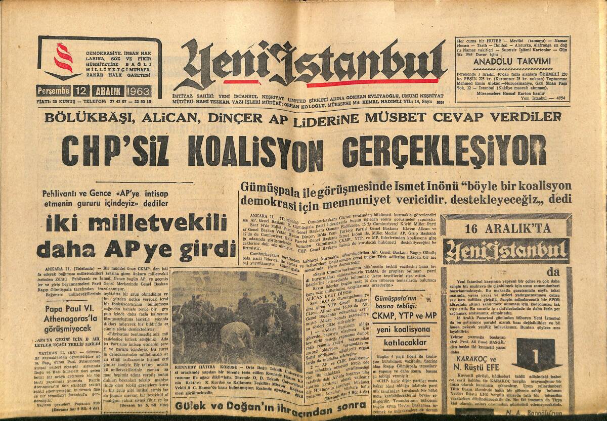 Yeni İstanbul Gazetesi 12 Aralık 1963 - İstanbul'da CHP'den 2 Bine Yakın İstifa Oldu - Ali Şah Aluba GZ152672 - 1