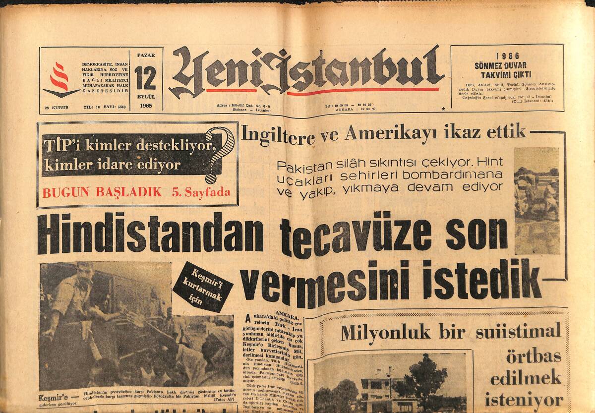 Yeni İstanbul Gazetesi 12 Eylül 1965 - Yunan Parlamentosu Ticarethaneye Dönmüş - A.Türkeş Eskişehir'de GZ152768 - 1