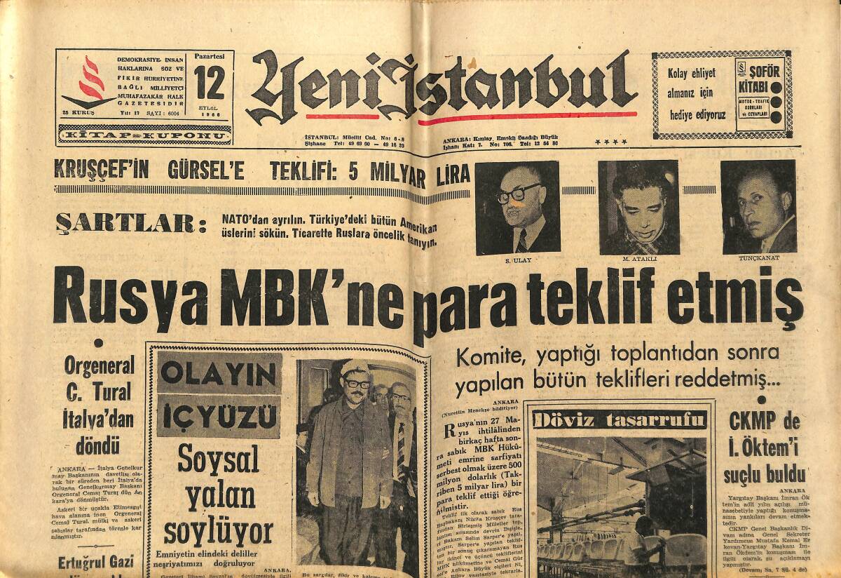 Yeni İstanbul Gazetesi 12 Eylül 1966 - Galatasaray Lig Maçlarına Puan Vererek Başladı - Muhammed Ali Clay, Bir Ay Sonra Türkiye'de GZ151179 - 1