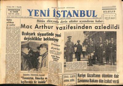 Yeni İstanbul Gazetesi 12 Nisan 1951 - Mac Arthur Vazifesinden Azledildi GZ105050 - 1