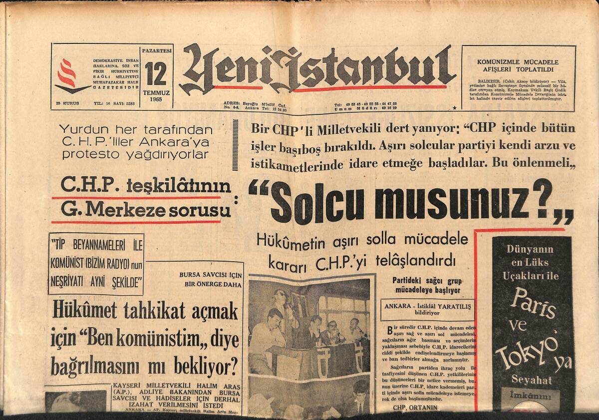 Yeni İstanbul Gazetesi 12 Temmuz 1965 - Rusya'da İşsizliğe Çare Bulunamıyor - Batı Almanya'da Yahudi Aleyhtarları Genişliyor GZ150801 - 1