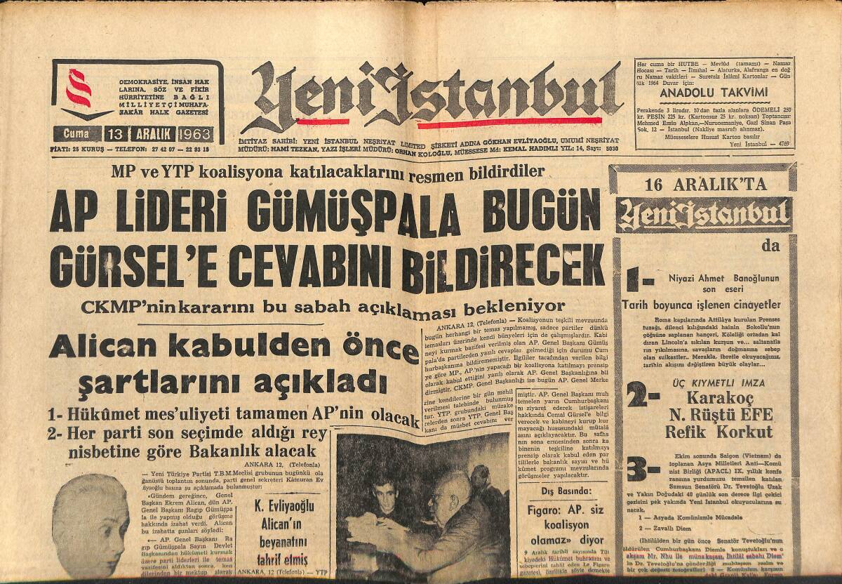 Yeni İstanbul Gazetesi 13 Aralık 1963 - 23 Kürtçü 17 Aralıkta Yargılanıyor - Kennedy'nin Hatırasına B. Almanya Pul Çıkarıyor GZ152673 - 1