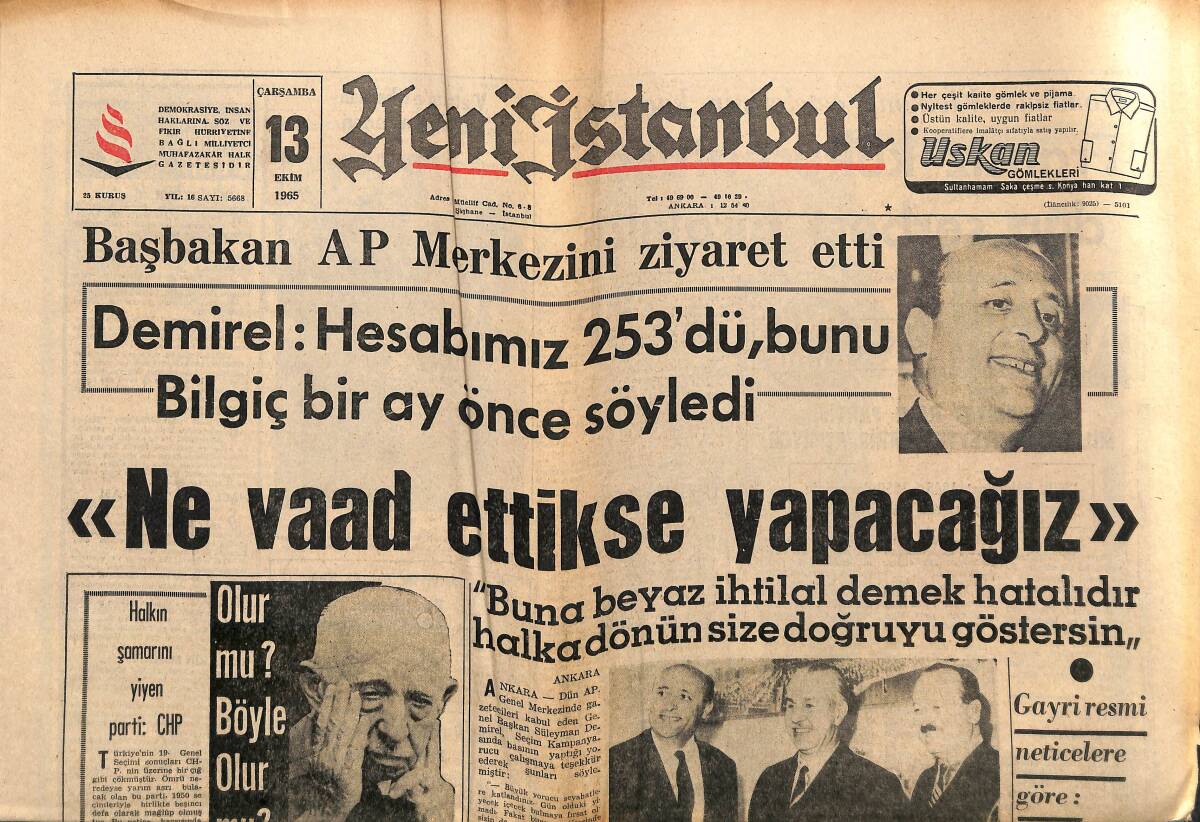 Yeni İstanbul Gazetesi 13 Ekim 1965 - Hind Birlikleri Ateşkes'i İhlâl Ediyor - Komünist Partisinin Kapatılması İstendi GZ152746 - 1