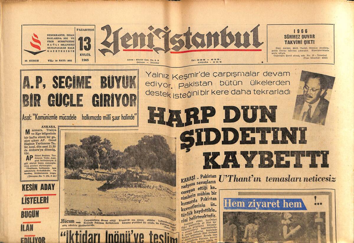 Yeni İstanbul Gazetesi 13 Eylül 1965 - New-York'a Gidecek Türk Heyeti Belli Oldu - A.P. Seçime Büyük Bir Güçle Giriyor GZ152769 - 1