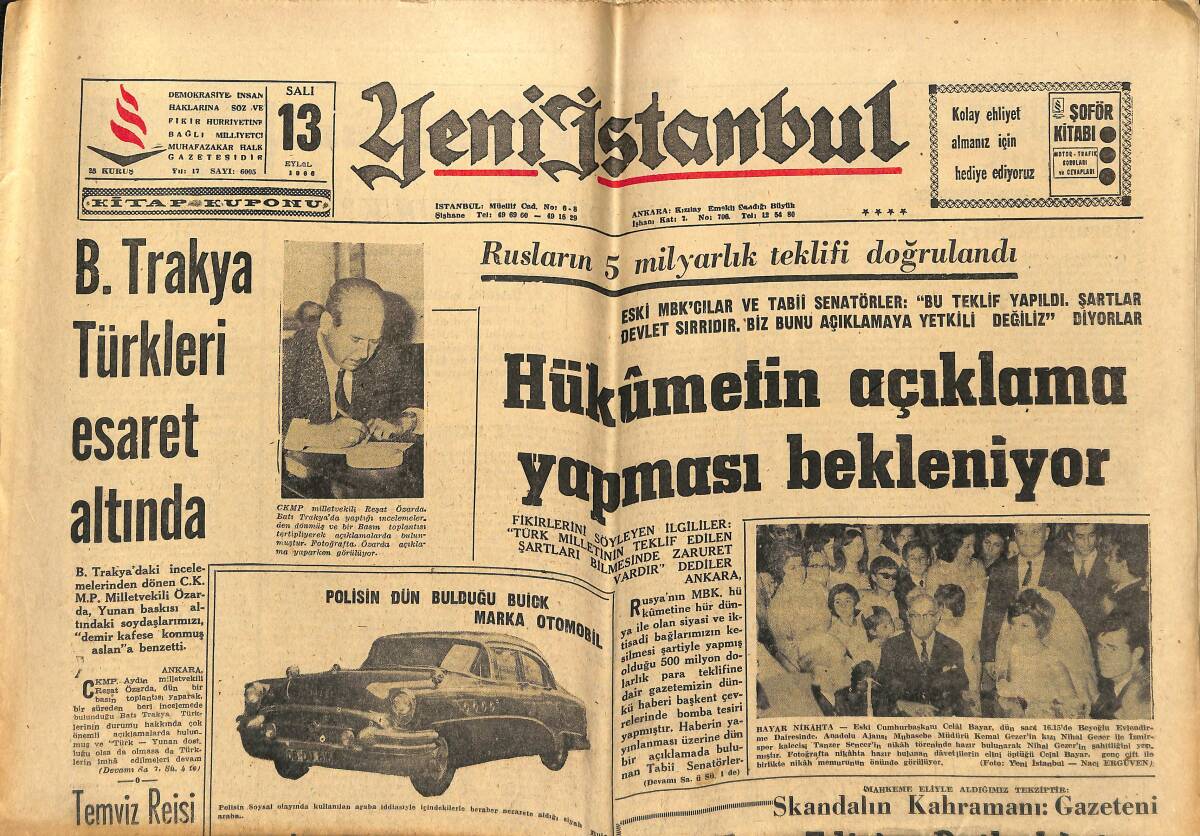 Yeni İstanbul Gazetesi 13 Eylül 1966 - Clay, Türkiye'de Zeki Müren'in Evinde Misafir Kalacak GZ151178 - 1