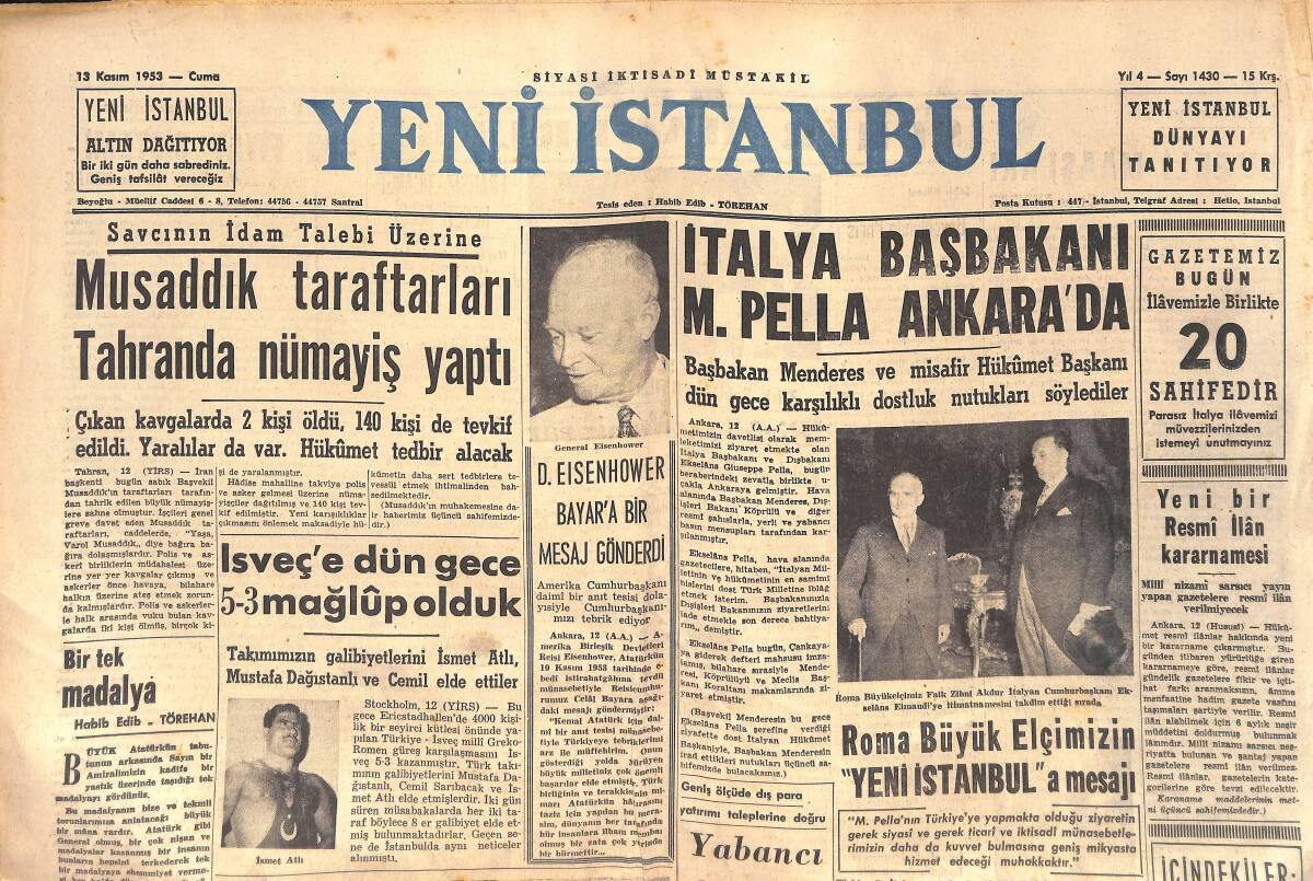 Yeni İstanbul Gazetesi 13 Kasım 1953 - İtalya Başbakanı M.Pella Ankara'da - General Elsenhower'den Celal Bayar'a Tebrik Mektubu Gönderdi GZ133231 - 1