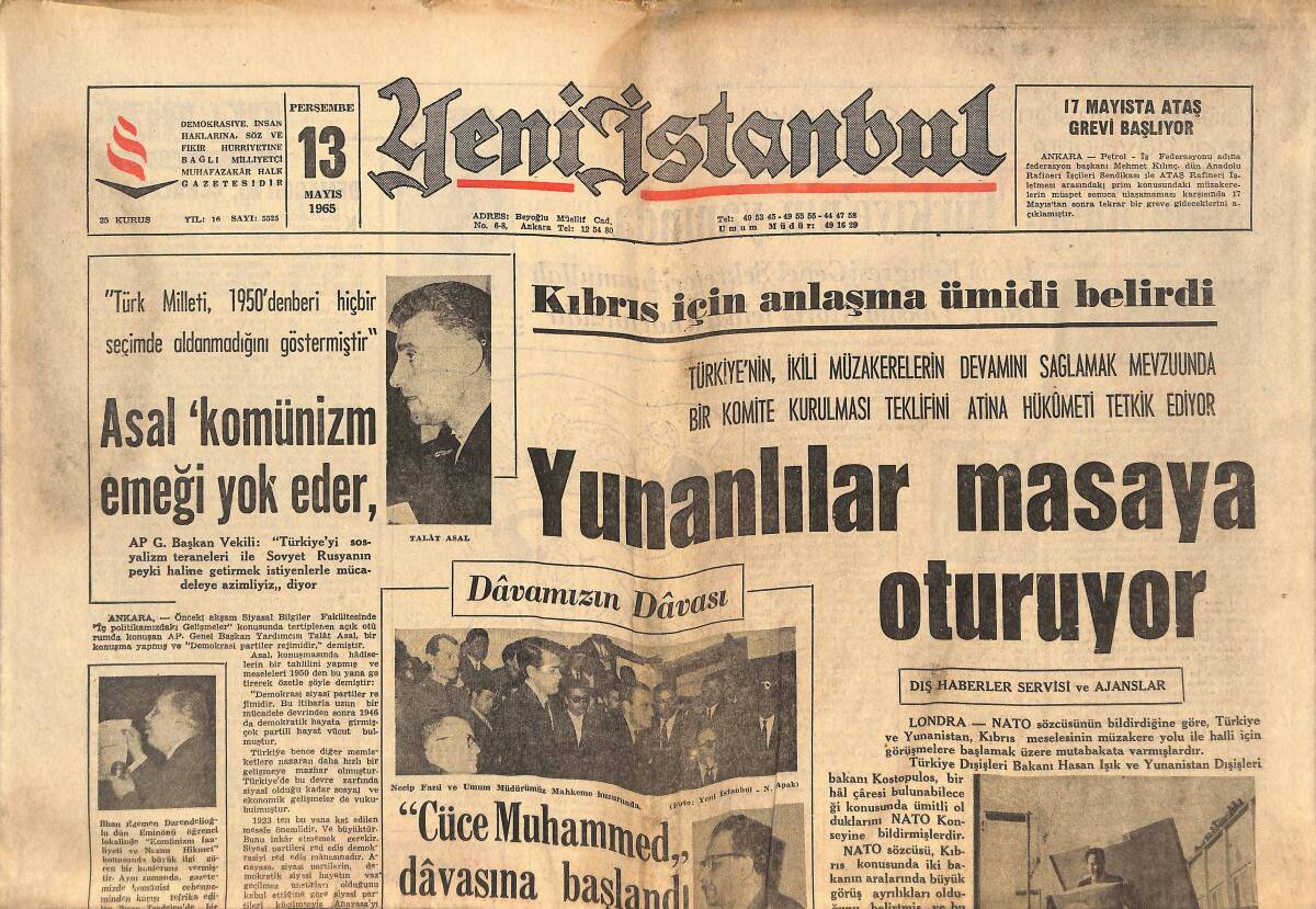 Yeni İstanbul Gazetesi 13 Mayıs 1965 - Yunanlılar Masaya Oturuyor - Yeni Diyanet İşleri Tasarısı Meclis'te - Beşiktaş Başbakana Telgraf Çekti GZ140538 - 1