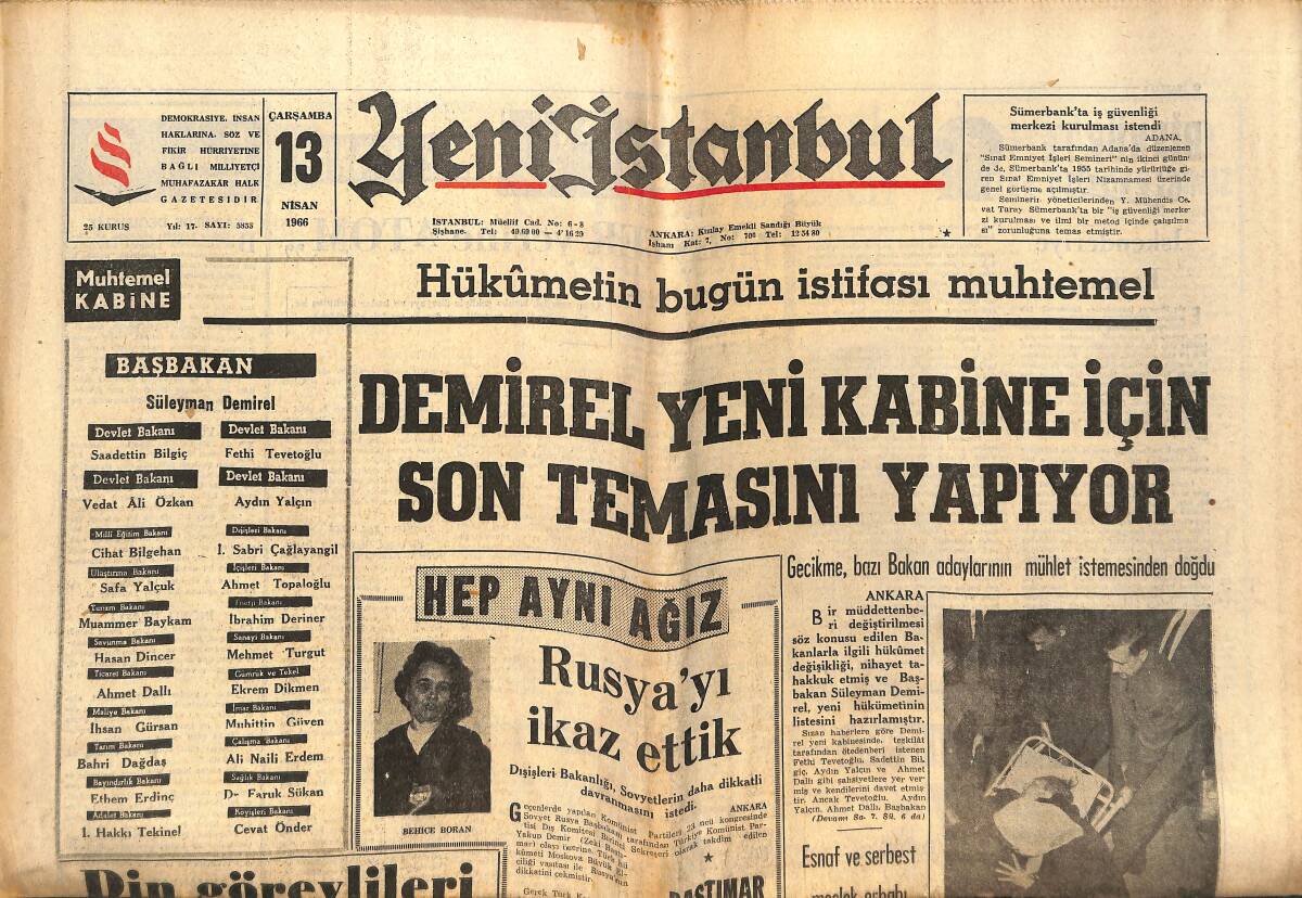 Yeni İstanbul Gazetesi 13 Nisan 1966 - Demirel Yeni Kabine İçin Son Temasını Yapıyor - Din Görevlileri İhmal Ediliyor - Rusya'yı İkaz Ettik! GZ140541 - 1