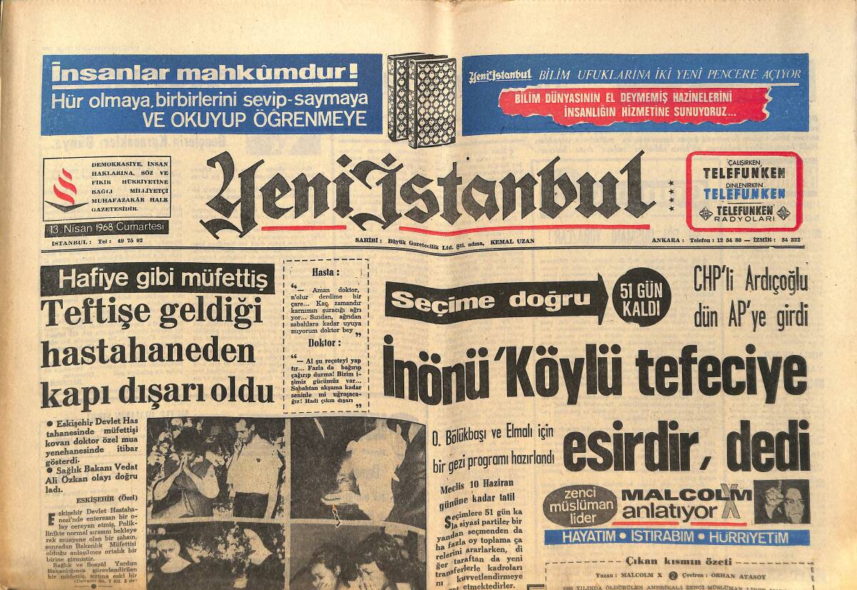Yeni İstanbul Gazetesi 13 Nisan 1968 - İnönü: Köylü Tefeciye Esirdir, Dedi - Amerika'daki Tutuklu Sayısı 20 Bini Geçiyor! GZ140525 - 1